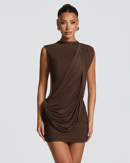 Bruno Backless Mini Dress - front shot, chocolate brown - Miss Mosa By Akanksha