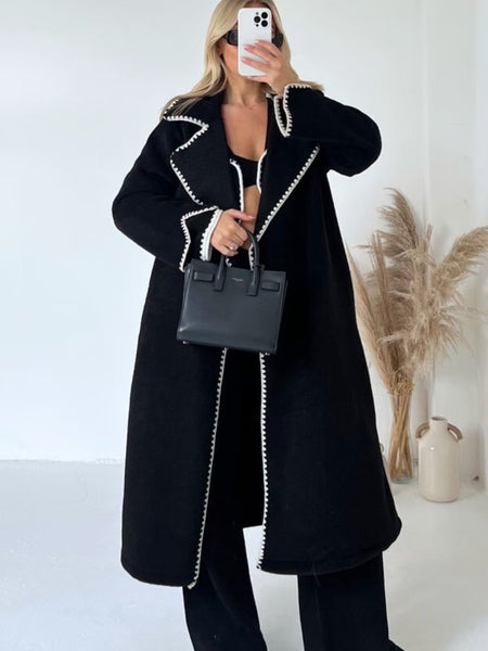 Brussels Luxe Oversized Coat - full-length shot on model, black - Miss Mosa By Akanksha