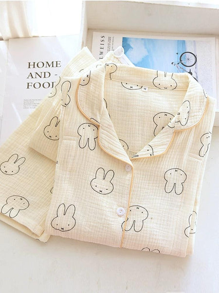 Bunny Cotton Crepe Nightsuits In Beige - styled flat-lay shot, beige - Miss Mosa By Akanksha