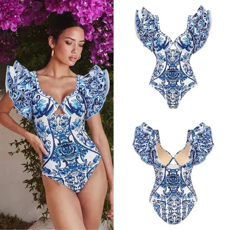 Maria One Pc Swimsuit with Skirt In Blue