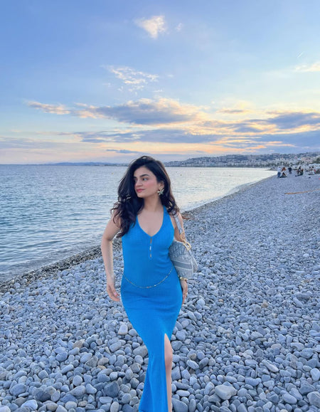 Erina Crochet Slit Maxi Dress In Blue