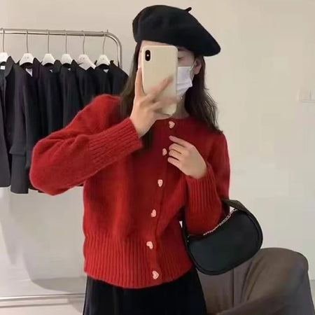 Audra Cute Woolen Sweater with Heart Detail In Red