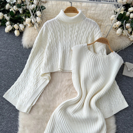 Elana Woolen Dress with Cape Sweater In Offwhite