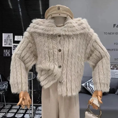 Beige - Kaya Cute Woolen Fur Sweater with Buttons