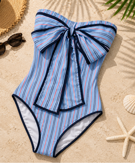 Cabo 1Pc Stripe Swimsuit - flat-lay shot, light blue with navy and red stripes - Miss Mosa By Akanksha