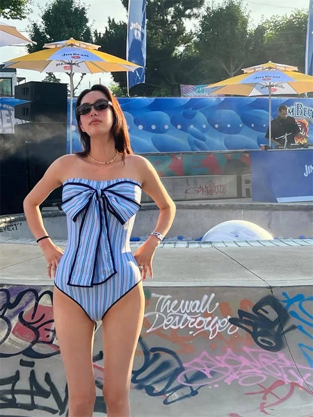 Cabo 1Pc Stripe Swimsuit - front shot, light blue with navy and red stripes - Miss Mosa By Akanksha