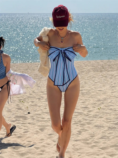 Cabo 1Pc Stripe Swimsuit - front shot, light blue with navy and red stripes - Miss Mosa By Akanksha