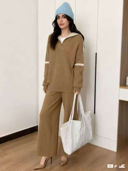 Caden Premium Woolen Coord Set - full-length shot on model, camel - Miss Mosa By Akanksha