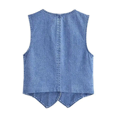Cairo Denim Statement Vest Tops - back flat-lay product shot, blue - Miss Mosa By Akanksha