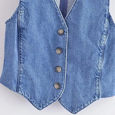 Cairo Denim Statement Vest Tops - close-up of button detail, blue - Miss Mosa By Akanksha
