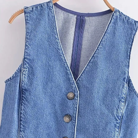 Cairo Denim Statement Vest Tops - hanging product shot, blue - Miss Mosa By Akanksha
