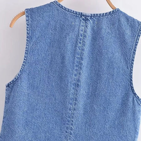 Cairo Denim Statement Vest Tops - back hanging product shot, blue - Miss Mosa By Akanksha
