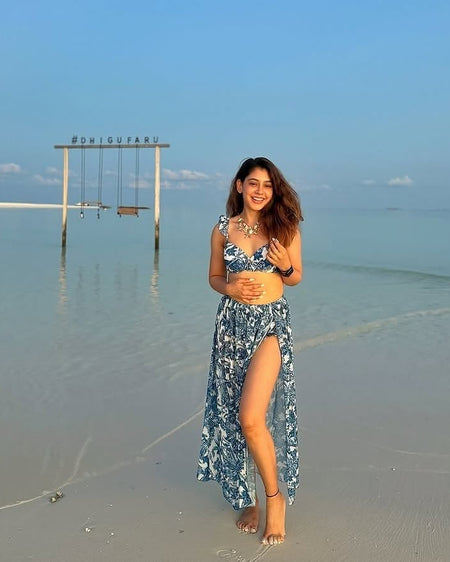 Calantha Bikini with Skirt In Blue - front shot on model, blue - Miss Mosa By Akanksha