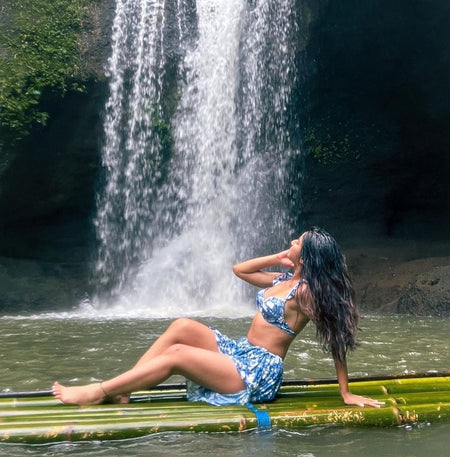 Calantha Bikini with Skirt In Blue - lifestyle shot on model, blue - Miss Mosa By Akanksha