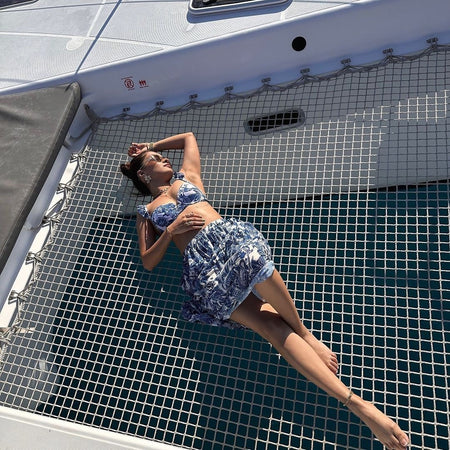 Calantha Bikini with Skirt In Blue - lifestyle shot on model, blue - Miss Mosa By Akanksha