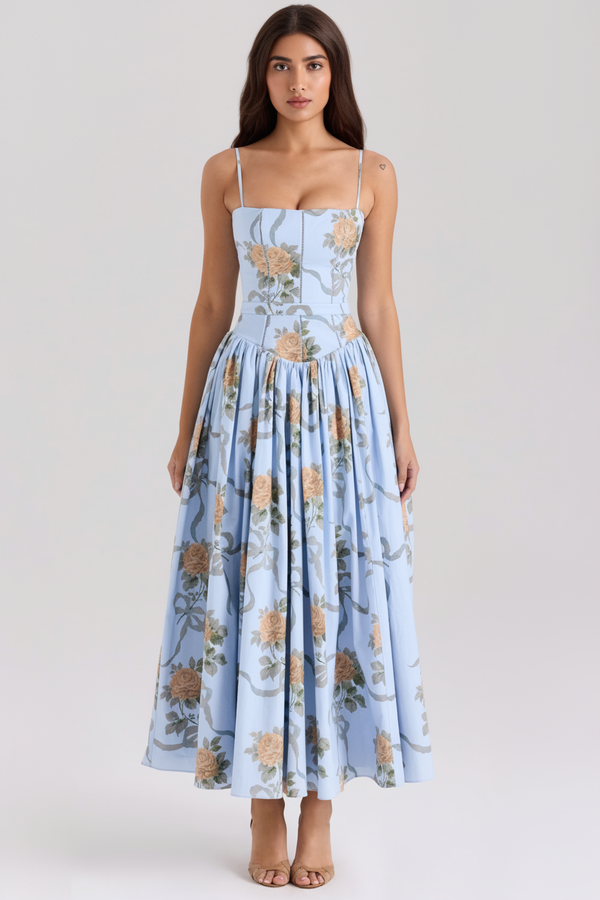 Calina Luxe Floral Midi Dress In Blue