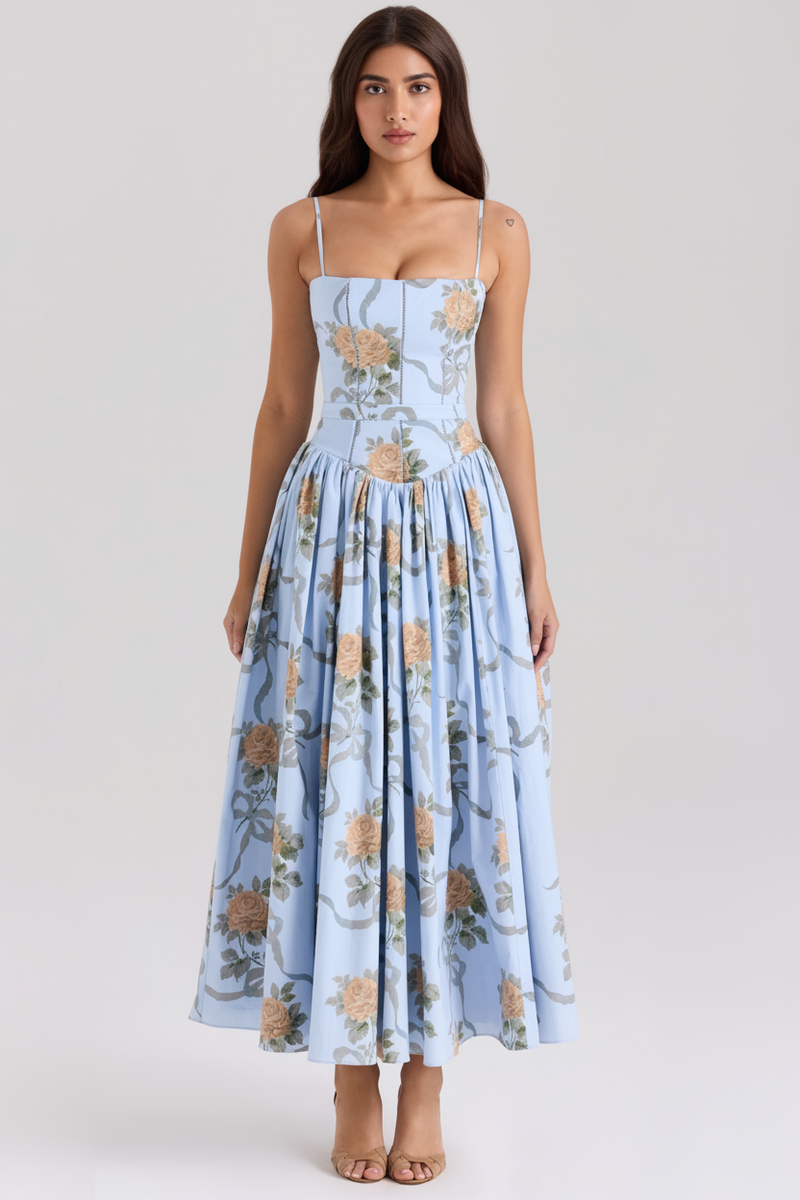 Calina Luxe Floral Midi Dress In Blue
