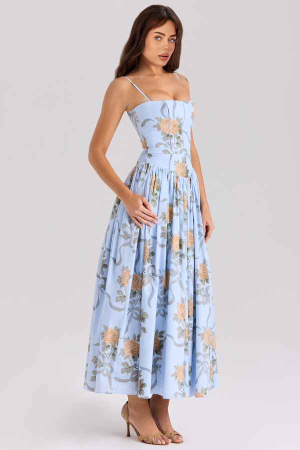 Calina Luxe Floral Midi Dress In Blue