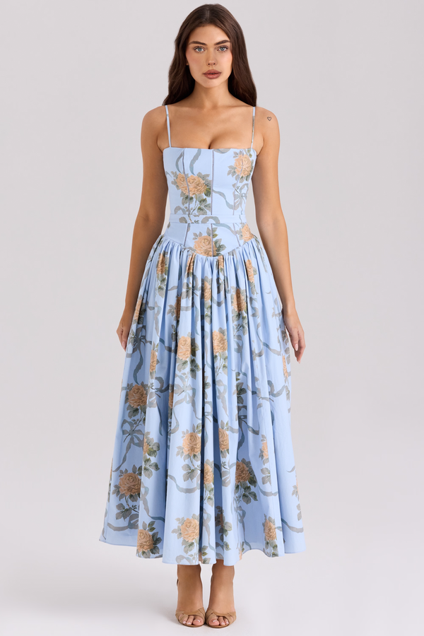 Calina Luxe Floral Midi Dress In Blue