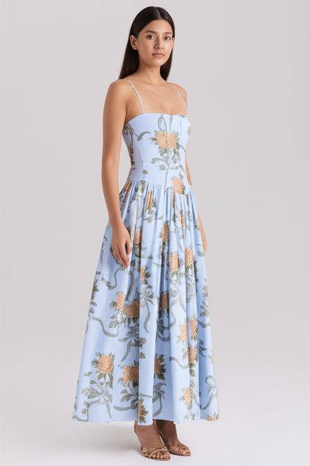 Calina Luxe Floral Midi Dress In Blue - side shot on model - Miss Mosa By Akanksha