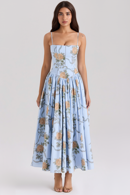 Calina Luxe Floral Midi Dress In Blue - full-length front shot on model - Miss Mosa By Akanksha