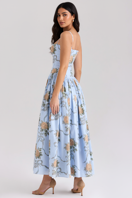 Calina Luxe Floral Midi Dress In Blue - back shot on model - Miss Mosa By Akanksha