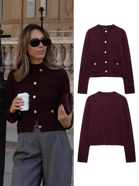 Calisto Woolen Cardigan Jacket - flat-lay front and back shot, burgundy - Miss Mosa By Akanksha