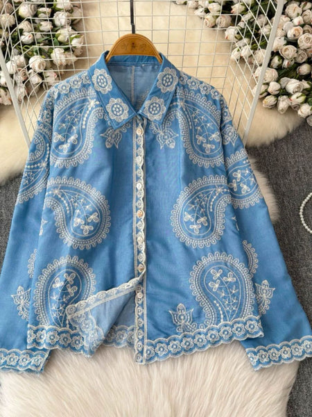 Calvin Premium Embroidered Cotton Shirts - flat-lay product shot of shirt, sky blue and white - Miss Mosa By Akanksha