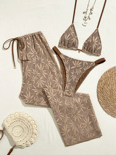 Calypso Floral 2 Pcs Swimsuit With Pant - flat-lay shot, taupe crochet with brown trim - Miss Mosa By Akanksha