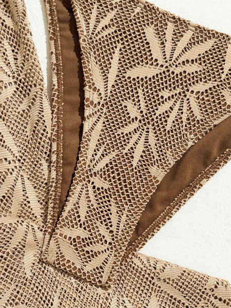 Calypso Floral 2 Pcs Swimsuit With Pant - flat-lay detail shot, taupe crochet with brown trim - Miss Mosa By Akanksha