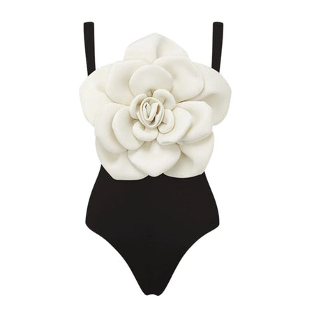 Camellia Rosette Swimsuit with Ruffled Skirt - flat-lay product shot, black - Miss Mosa By Akanksha