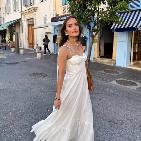 Camellia Summer Holiday Maxi Dress In White - side shot on model - Miss Mosa By Akanksha