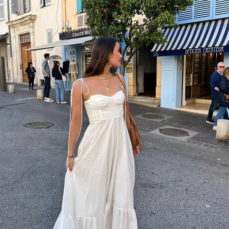 Camellia Summer Holiday Maxi Dress In White - full-length back shot on model - Miss Mosa By Akanksha