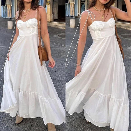 Camellia Summer Holiday Maxi Dress In White - two front shots on model side by side - Miss Mosa By Akanksha