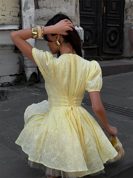 Cameo Eyelet Mini Dress - back shot, pale yellow - Miss Mosa By Akanksha