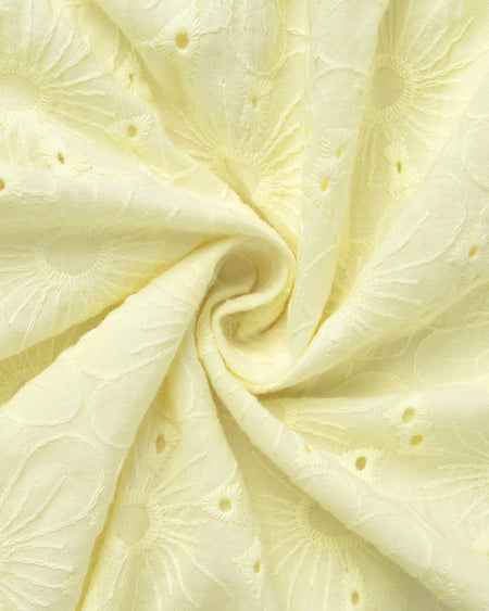 Cameo Eyelet Mini Dress - fabric detail shot, pale yellow - Miss Mosa By Akanksha