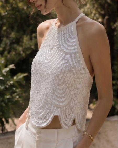 Camille Halterneck Sequin Top - side shot, white - Miss Mosa By Akanksha