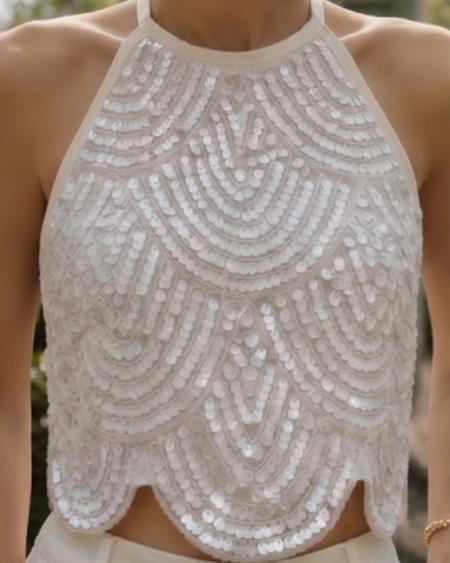 Camille Halterneck Sequin Top - front close-up shot, white - Miss Mosa By Akanksha