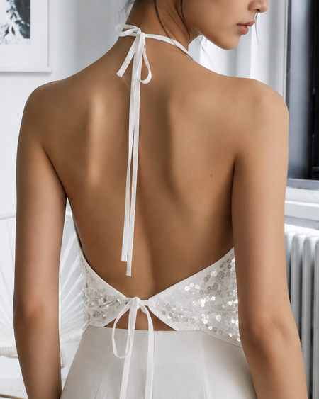 Camille Halterneck Sequin Top - back shot, white - Miss Mosa By Akanksha