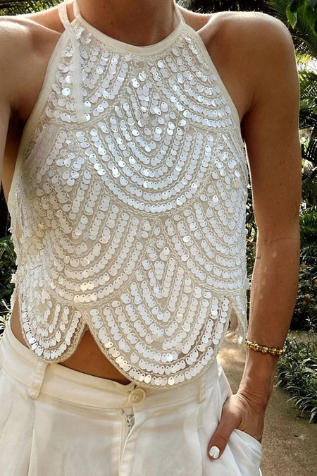 Camille Halterneck Sequin Top - front shot, ivory white - Miss Mosa By Akanksha