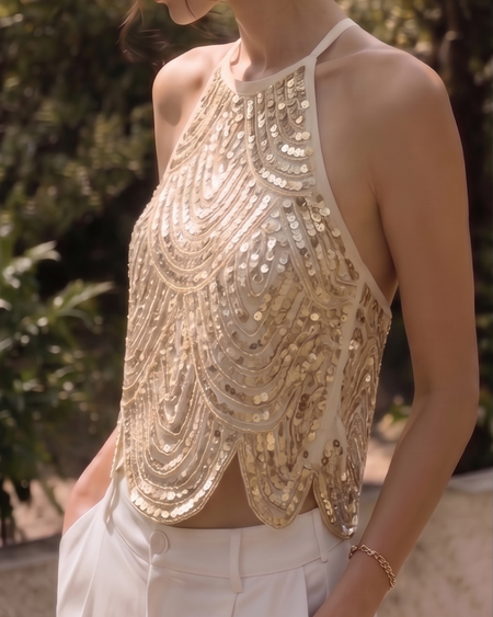 Camille Halterneck Sequin Top - side shot, gold - Miss Mosa By Akanksha