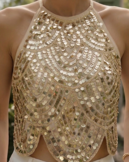 Camille Halterneck Sequin Top - front close-up shot, gold - Miss Mosa By Akanksha