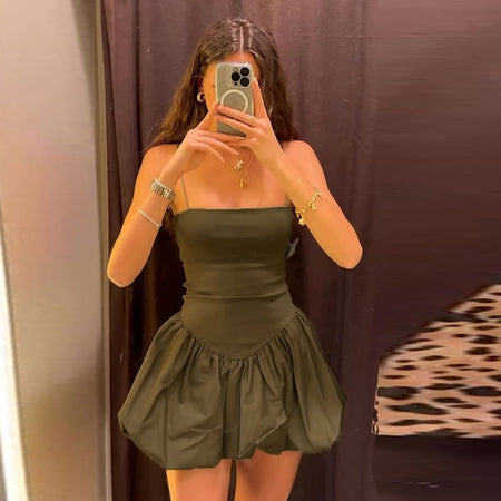 Camille Statement Balloon Dress In Olive - front mirror shot on model - Miss Mosa By Akanksha