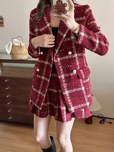 Camille Statement Luxe Tweed Coord Set - front shot on standing model, dark red - Miss Mosa By Akanksha