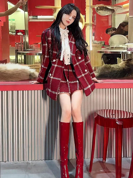 Camille Statement Luxe Tweed Coord Set - full-length shot on standing model, dark red - Miss Mosa By Akanksha