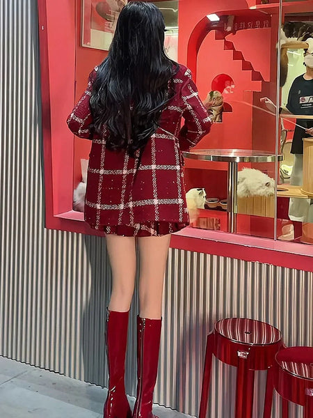 Camille Statement Luxe Tweed Coord Set - back shot on standing model, dark red - Miss Mosa By Akanksha