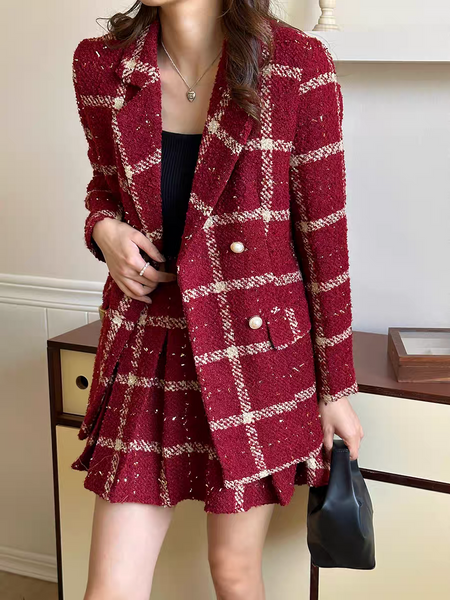 Camille Statement Luxe Tweed Coord Set - front shot on model, dark red - Miss Mosa By Akanksha