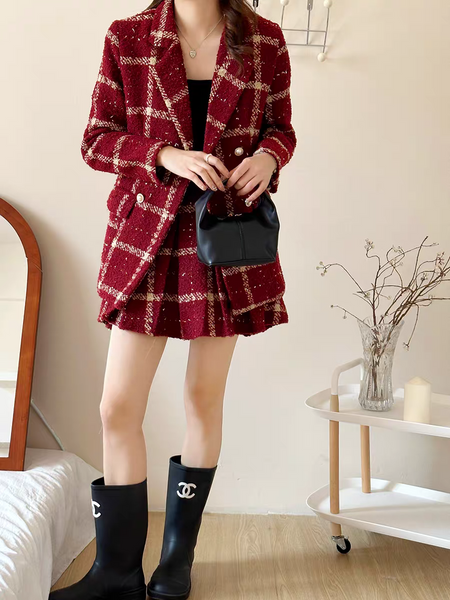 Camille Statement Luxe Tweed Coord Set - product shot on mannequin, dark red - Miss Mosa By Akanksha