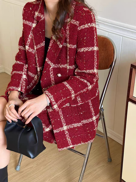 Camille Statement Luxe Tweed Coord Set - front shot on seated model, dark red - Miss Mosa By Akanksha