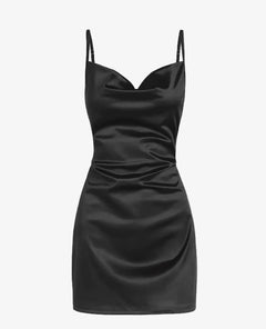 Camilo Satin Dress - flat-lay product shot, black - Miss Mosa By Akanksha